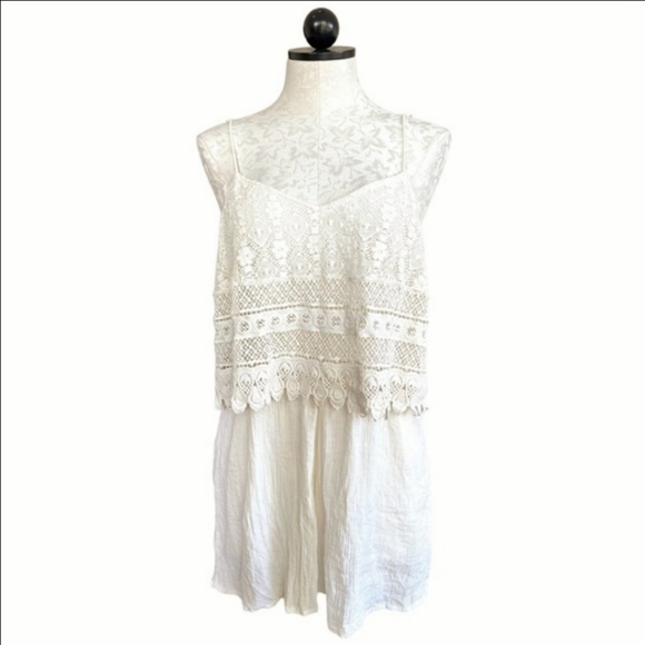 TopShop Boho Crochet Overlay Romper Cream Crinkly Gauze Spaghetti Straps Size 12 - Picture 3 of 16